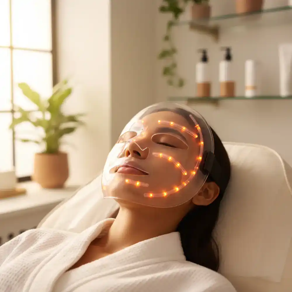 Mujer utilizando máscara LED clínica