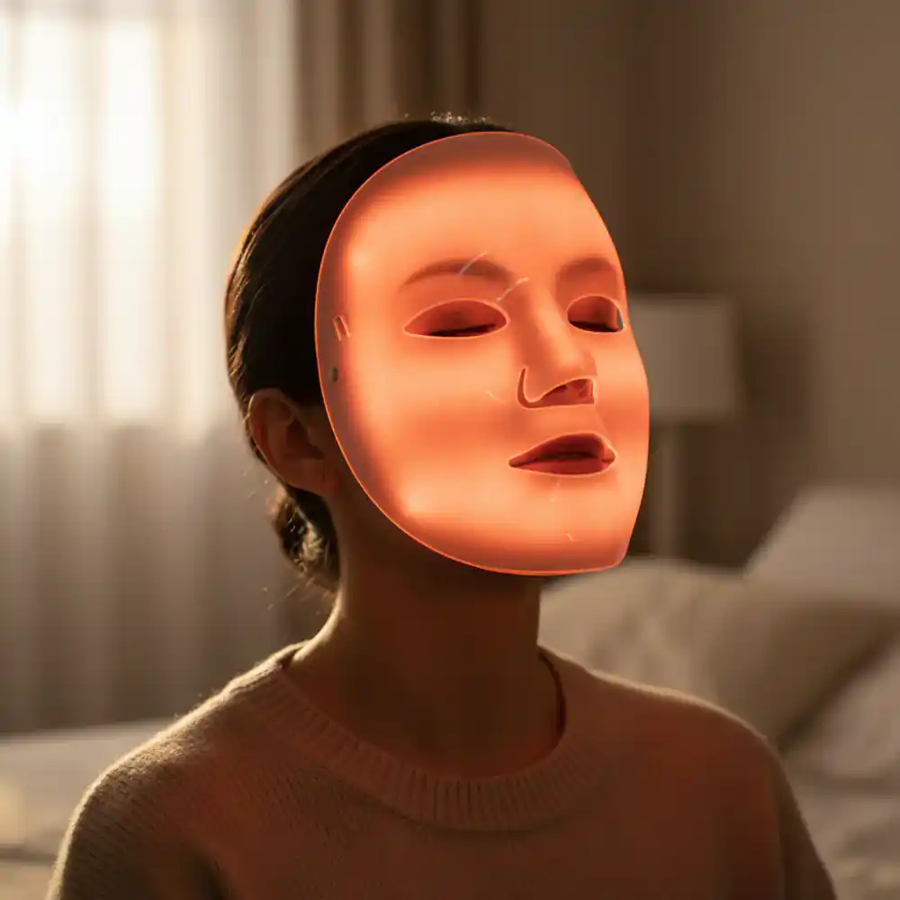 Mujer con piel luminosa utilizando máscara LED