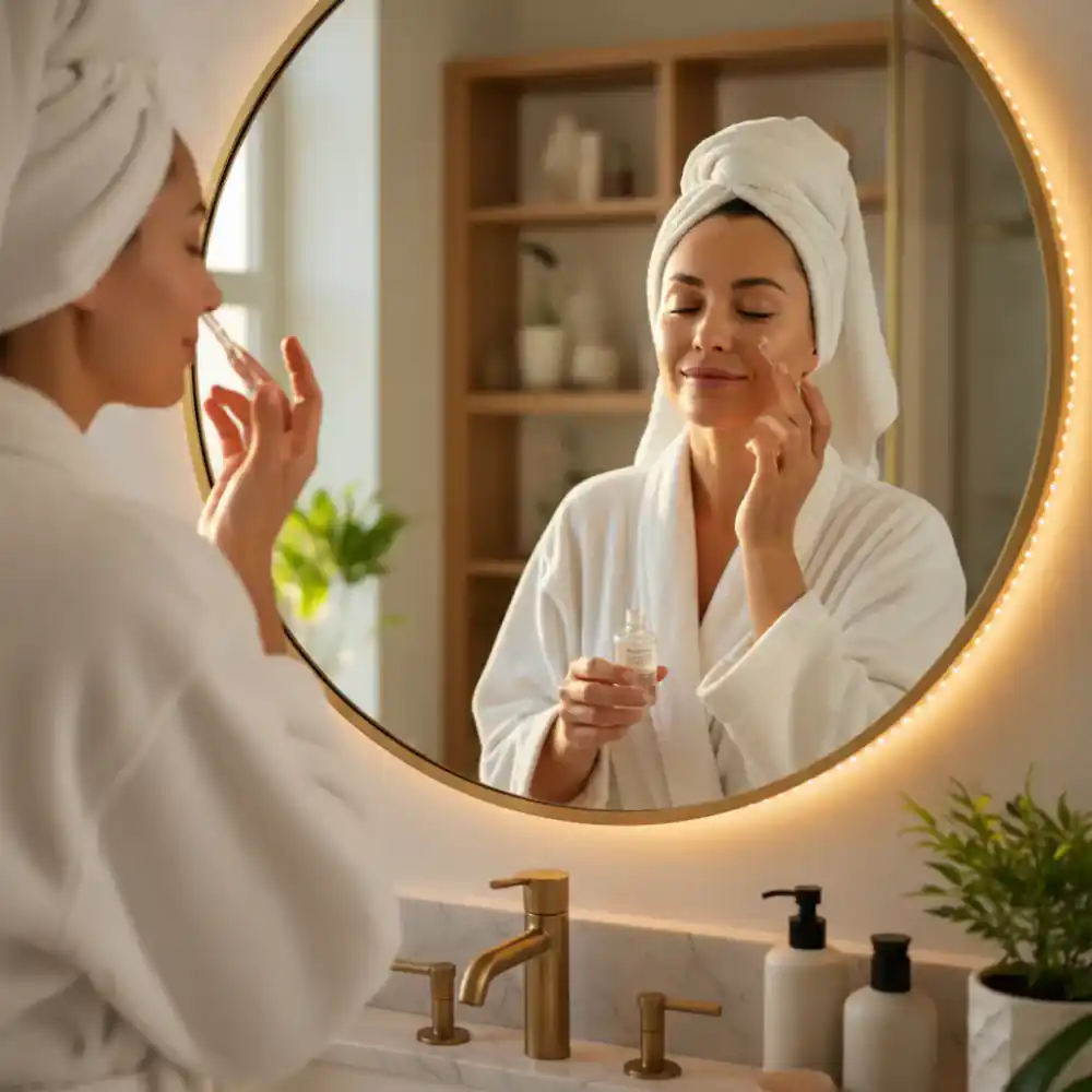 Mujer aplicando protocolo facial frente al espejo